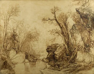 Landskap i sepia: träd med bäck, 1854